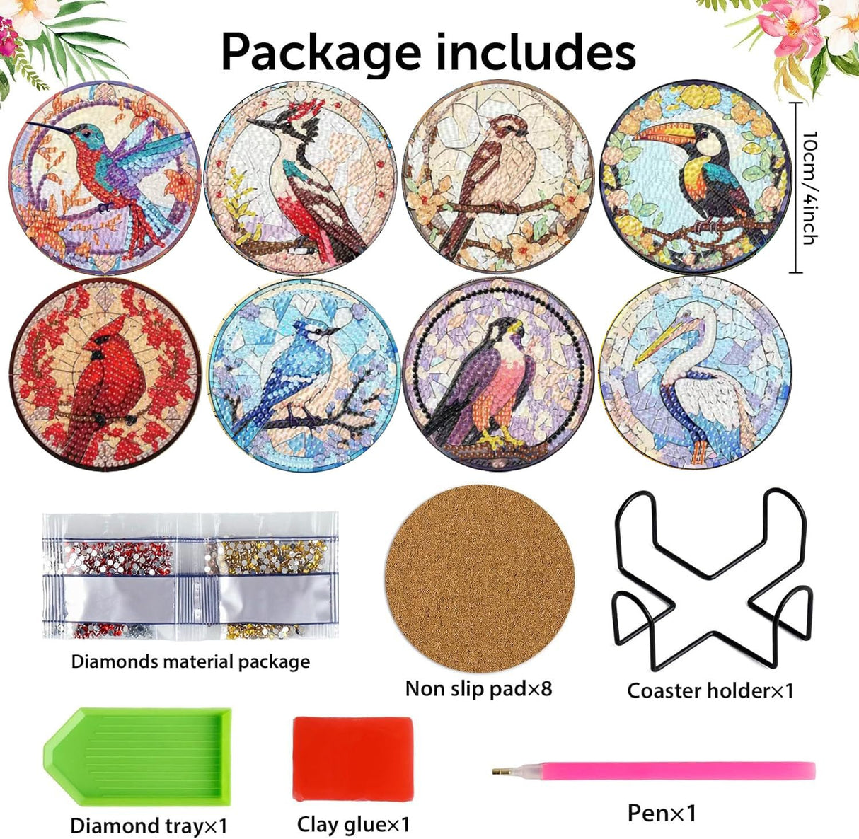 croshom 8 PCS Birds Diamond Art Coasters Diamond Painting Coasters Kits with Holder, Birds DIY Coasters for Adult Beginners, Diamond Art Crafts Supplies croshom