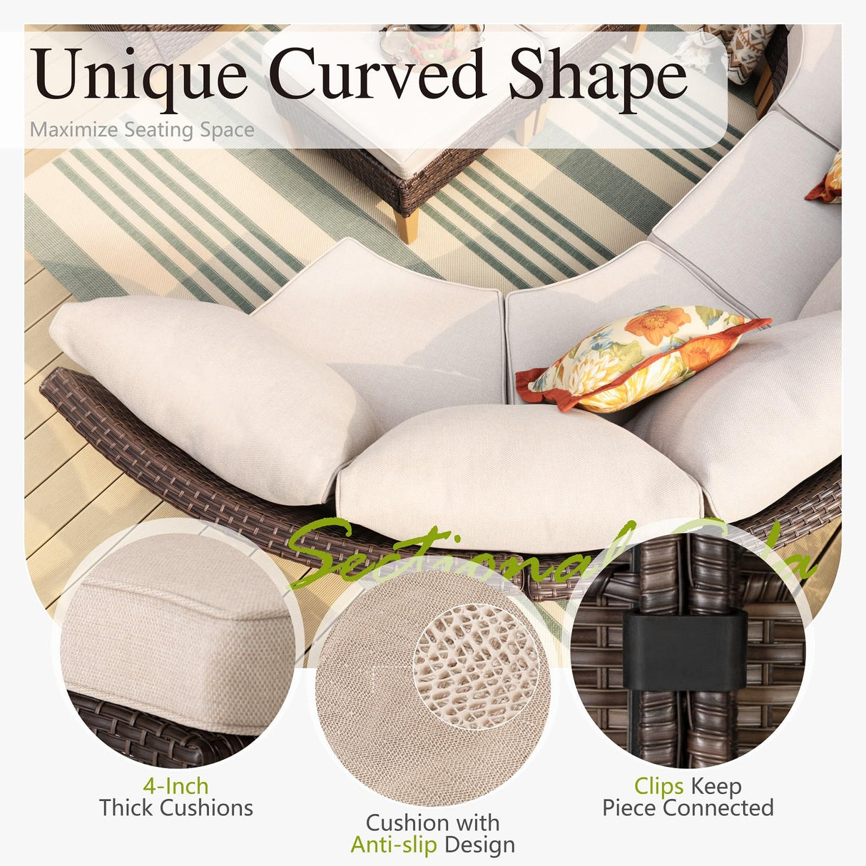 Sophia & William Large Half-Moon Outdoor Patio Furniture Set 8 Piece High Back Wicker Rattan Patio Sectional Furniture Sofa Set Fan-Shaped Conversation Set with Ottomans & 4" Thick Cushions, Beige Sophia & William