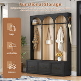 LUMISOL Farmhouse Entryway Hall Tree with Arched Design, 59" Entryway Bench with 3 Drawers, Entryway Coat Rack with 8 Retro Hooks, Rustic Hall Cabinet for Living Room Mudroom, Black LUMISOL