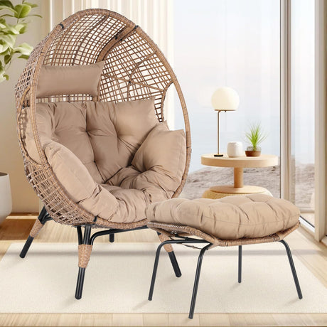 NICESOUL Indoor Outdoor Stationary Wicker Egg Chair w/Footrest, Extra Large Egg-Seat w/Cushion, 440lbs Egg-Shape Lounge Chair with Legs, Cozy Boho Rattan Chair for Patio, Balcony, Sunroom, Brown NICESOUL