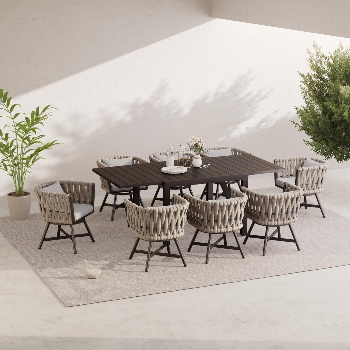 Grand patio 9-Piece Outdoor Dining Set for 8, Patio Dining Furniture Set for 8 Swivel Rope Wicker Chairs & 1 Expandable Rectangular Dining Table, Grey Grand patio