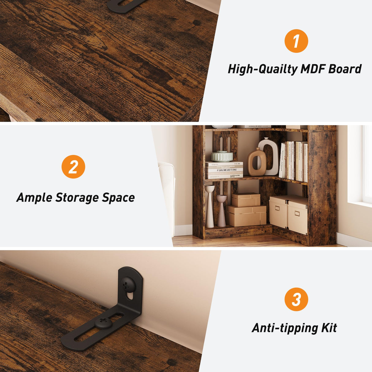 IDEALHOUSE Corner Bookshelf 72.8in Farmhouse Bookcase Large Bookshelf Wood Bookcase Tall 5 Tier Corner Shelf L Shaped Bookshelf Storage Display Rack Living Room Bedroom (Retro, Half Panel) IDEALHOUSE