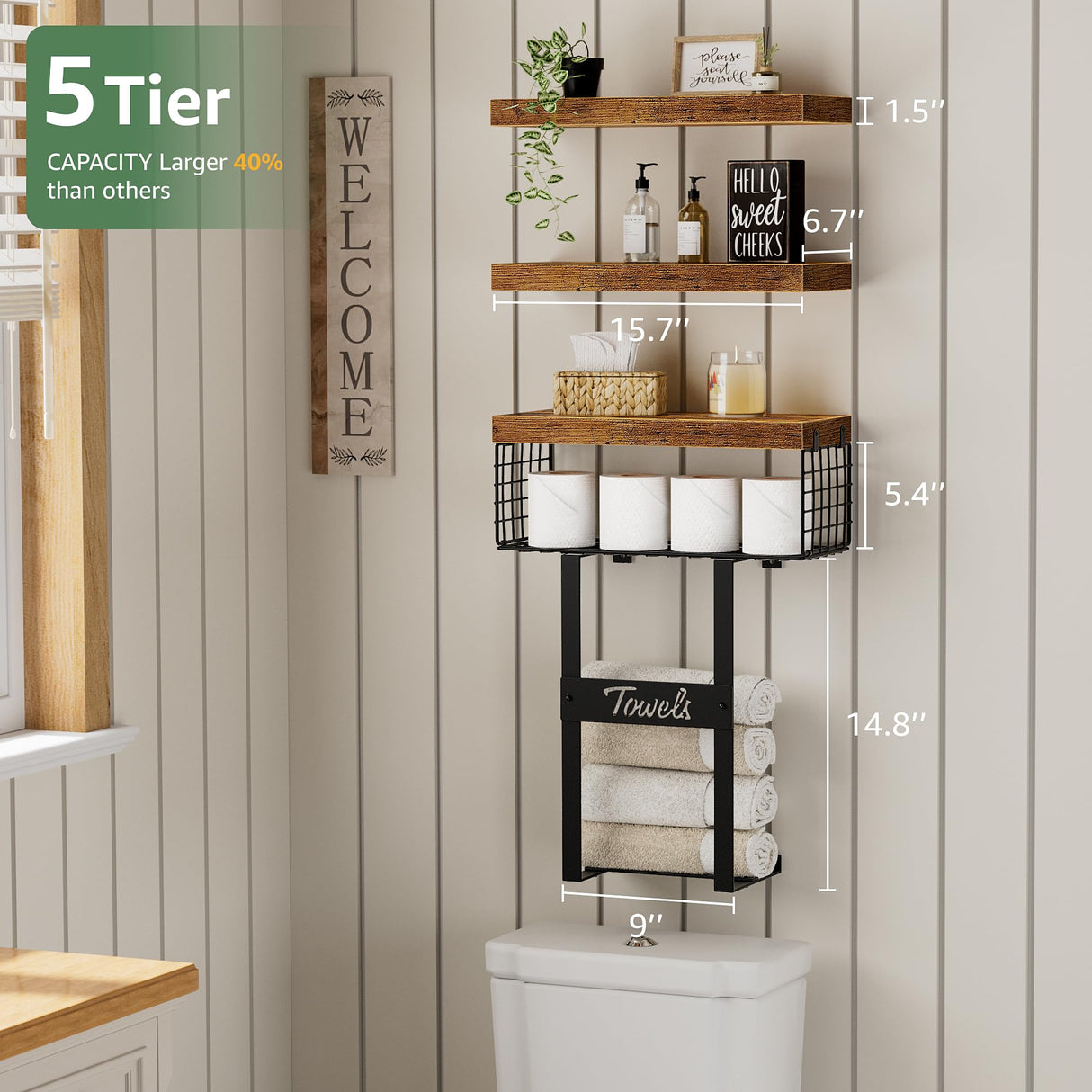 KLUVIS Bathroom Shelves Over Toilet - Floating Shelf for Wall Above Toilet Towels Holder Small Farmhouse Decor Shelves (15.7 inch, Set of 3, Rustic Brown) KLUVIS