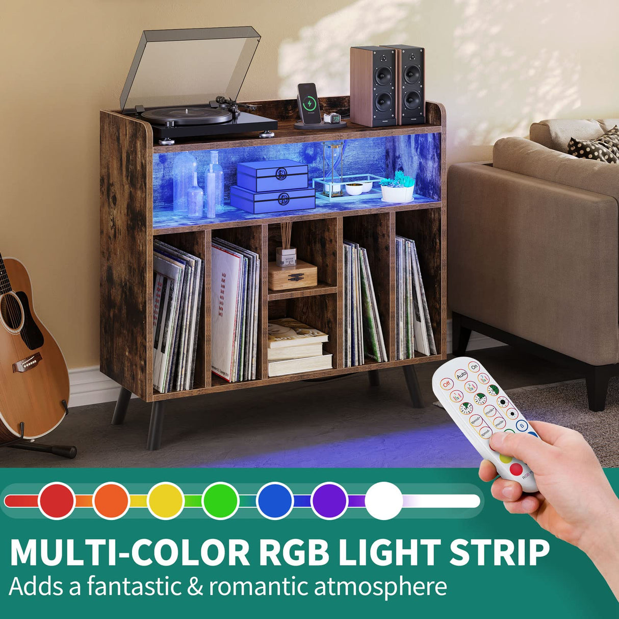 YITAHOME Record Player Stand with Power Outlets and LED Lights Holds Up to 130 Albums, Record Player Table with Storage, Vinyl Record Storage with Solid Legs for Living Room, Bedroom, Brown YITAHOME