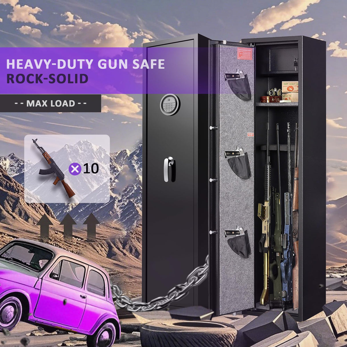 8-10 Rifle Safe for Home, Biometric Fingerprint, Password and Keys Gun Locker, 57.1" Tall Gun Safe No Assembly Required, Gun Safe for Rifles with Led Light, Black Firearm Safe, Alarm System Marcree