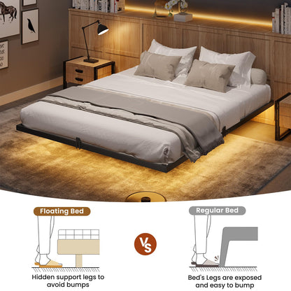 DICTAC Floating Full Bed Frame with LED Lights - Modern Metal Platform Design in Black - WoodArtSupply