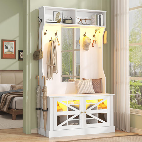 Semoic Farmhouse Hall Tree with Bench and Shoe Storage, 7-in-1 Entryway Storage Bench with 8 Coat Racks, Shoe Rack with 7 Shoe Cubbies & Mirror & LED Light, Mudroom/Hallway Storages, White Semoic