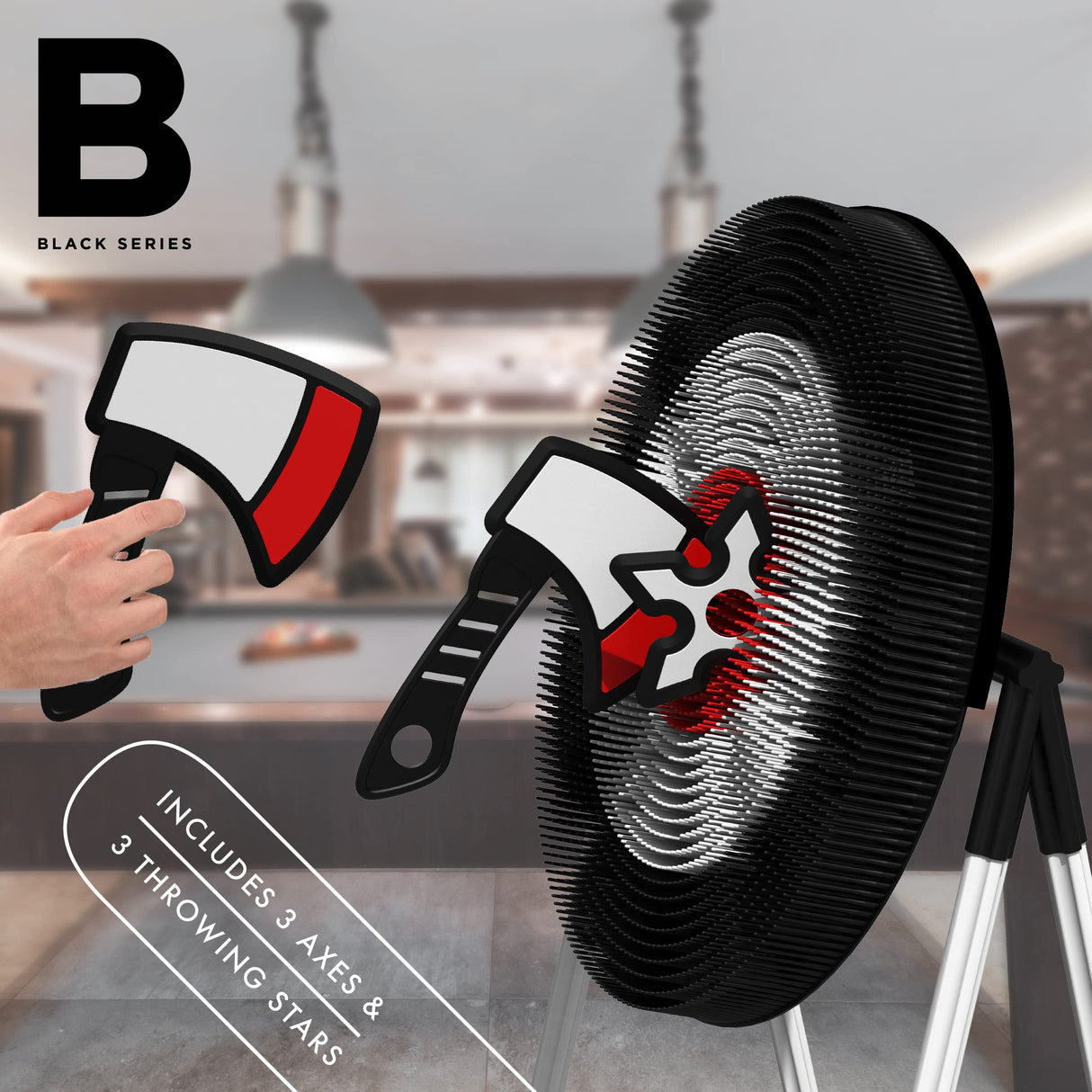 The Black Series Axe Throwing Target Set, Includes 3 Throwing Axes & Bristle Target, Blunted Edges & Lightweight Plastic, Safe for Indoor & Outdoor Use, Fun Adults & Kids Activity Black Series