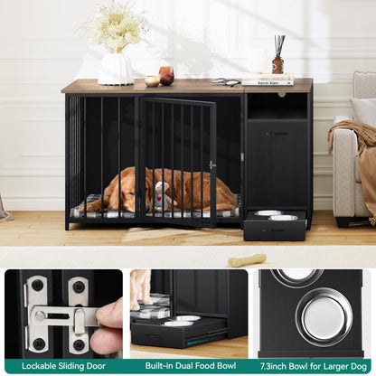 YITAHOME Dog Crate Furniture with Feeder Bowls, 55" Large Breed Dog Kennel with Storage Drawer, Heavy Duty Dog House TV Stand Indoor for Medium Dogs, Black