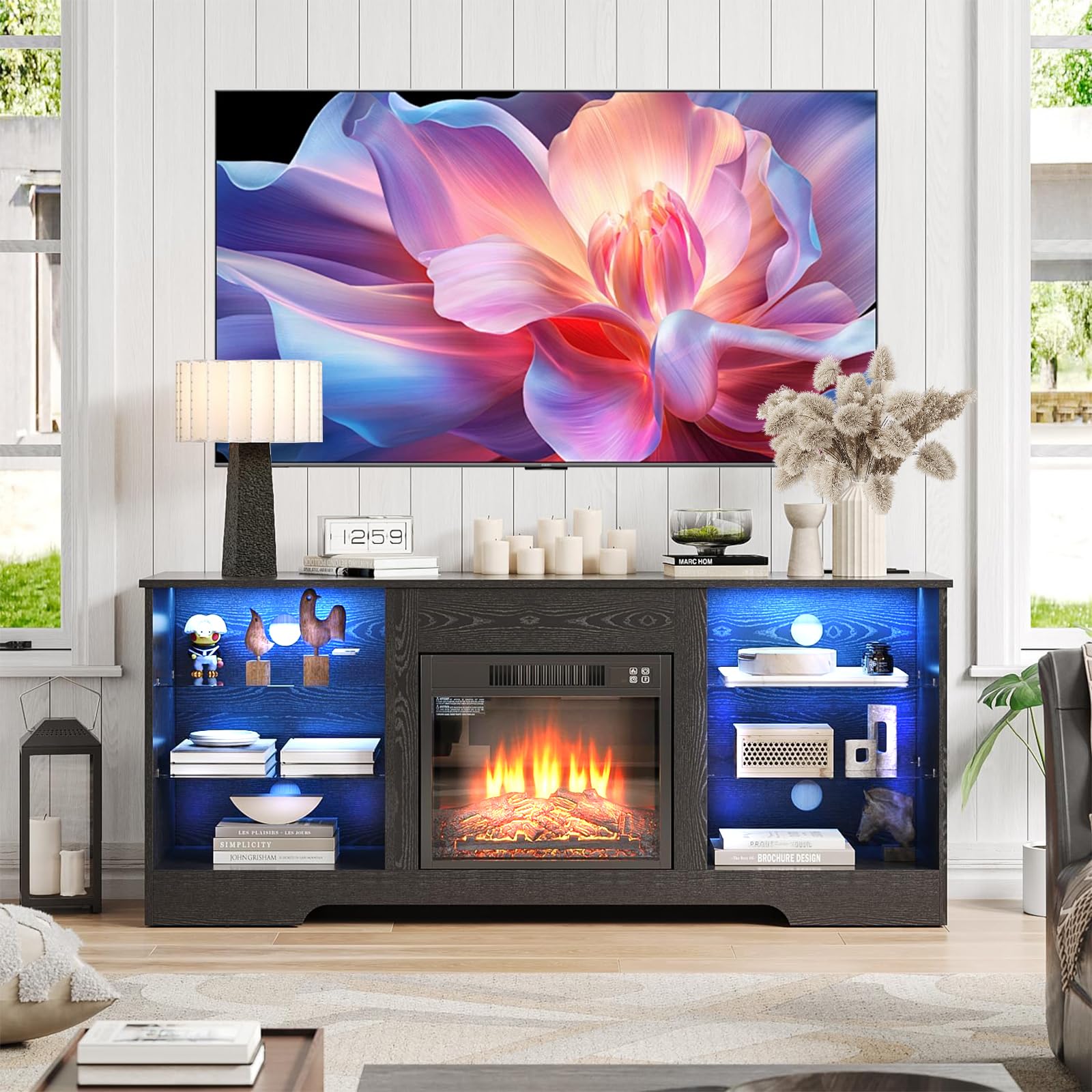 Fireplace TV Stand with LED Lights,Modern TV Console for 43" 50" 55" 60" 65" Televisions,Entertainment Center with Electric Fireplace for Living Room Bedroom (Black) - WoodArtSupply