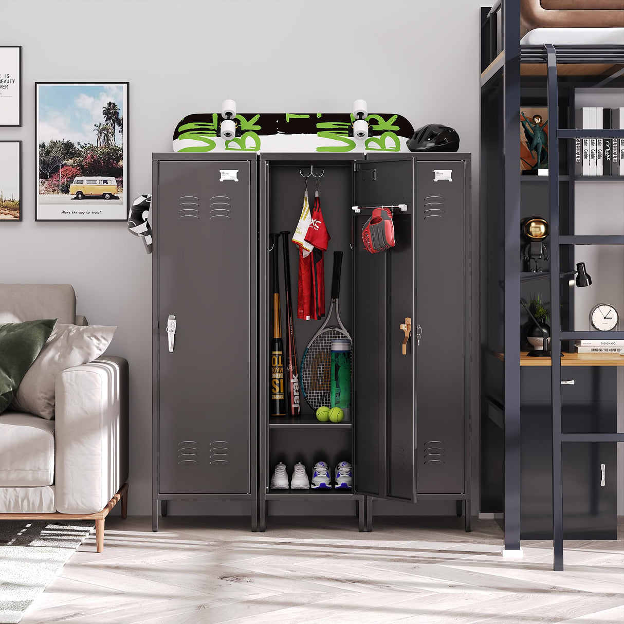 SUPEER 1 Door Metal Storage Lockers with Handle and Hanging Rod,Metal Locker for Employees with Pegboard and Hooks for Home,Office,Gym, School, Garage,Assembly Required,Black SUPEER