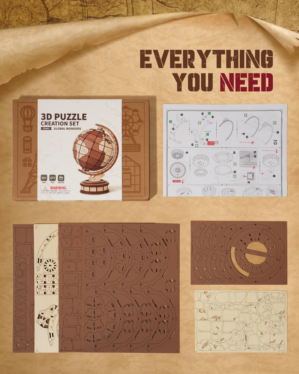 ROBOTIME 3D Wooden Puzzle for Adults Global Wonders DIY Model Kit to Build Wooden Craft Kits for Teens Educational Brain Teaser Assembly Toy Unique Gift ROBOTIME