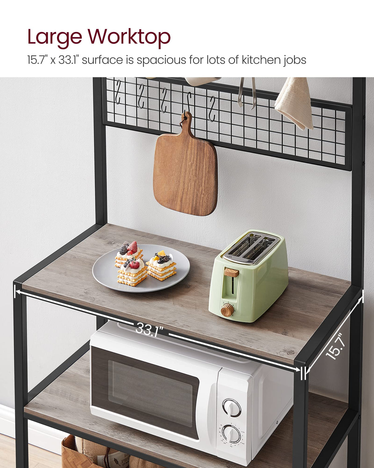 VASAGLE Bakers Rack, Coffee Bar, Kitchen Storage Shelf Rack with 10 Hooks, 3 Shelves, Adjustable Feet, for Microwave Oven, 15.7 x 33.1 x 66.9 Inches, Industrial, Greige and Black UKKS017B02 VASAGLE