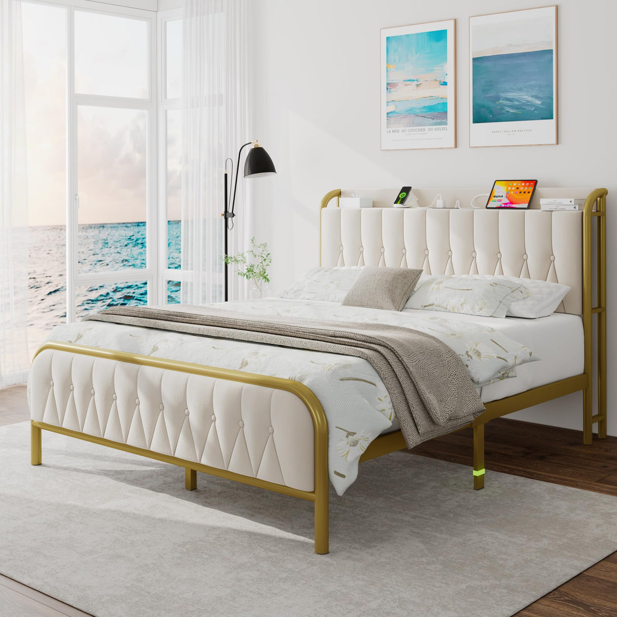 iPormis Full Size Metal Bed Frame with Charging Station, Velvet Upholstered Headboard and Footboard, Heavy Duty Steel Support, 12" Under Bed Storage, No Box Spring Needed, Easy Assembly, Beige iPormis