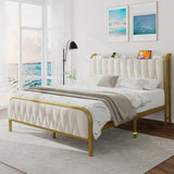 iPormis Full Size Metal Bed Frame with Charging Station, Velvet Upholstered Headboard and Footboard, Heavy Duty Steel Support, 12" Under Bed Storage, No Box Spring Needed, Easy Assembly, Beige iPormis
