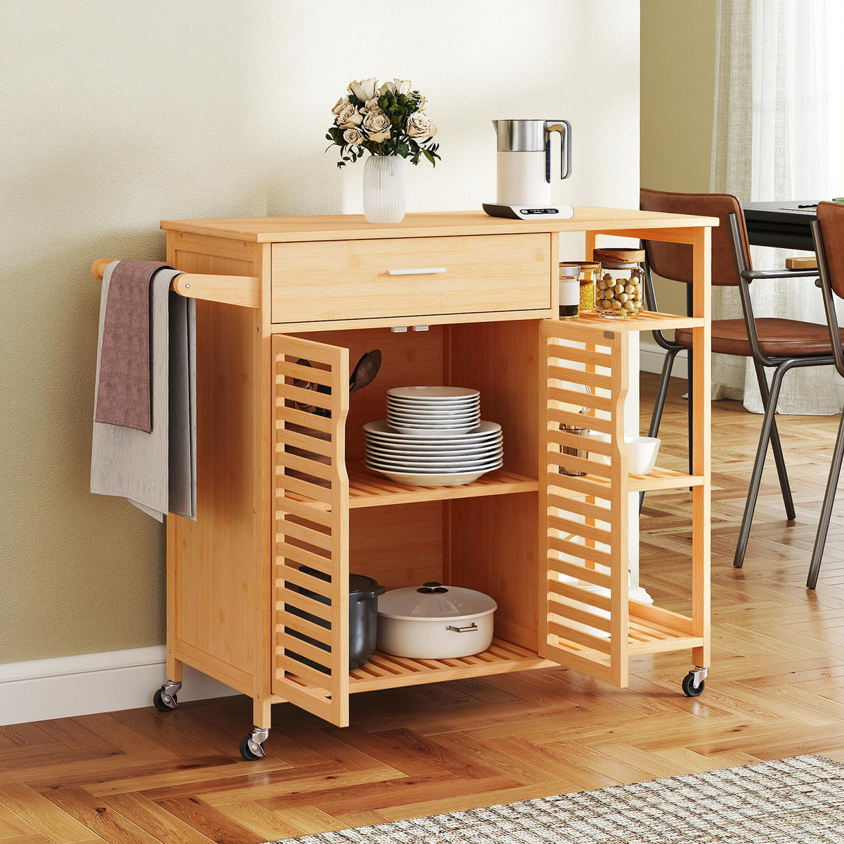 Moccha Rolling Kitchen Island Cart - Bamboo Kitchen Carts on Wheels with Storage Cabinet, Large Drawer, 3-Tier Open Shelf, Towel Rack, Sideboard, Mobile Kitchen Table for Dining Room Living Room Bar LDAILY