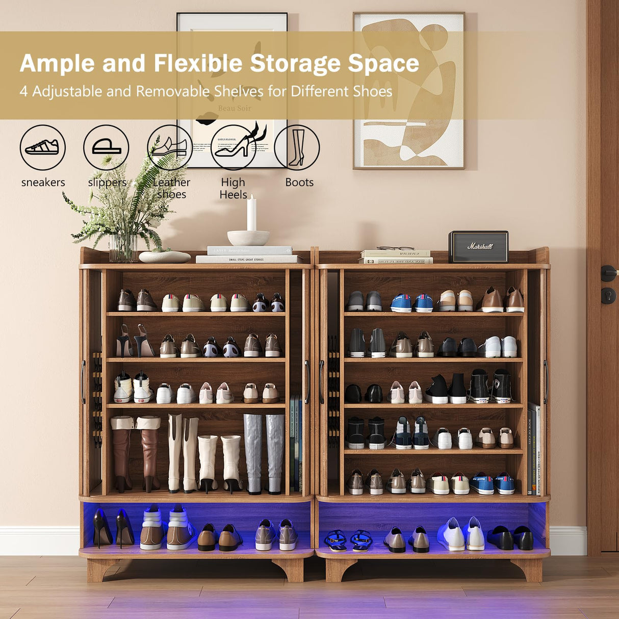 Maupvit 6-Tier Shoe Cabinet with Fluted Sliding Tambour Doors, Entryway Shoe Storage Cabinet with Led Light & Open Storage, 4 Adjustable Shelf, Shoes Rack Organizer for Entryway, Hallway, Living Room Maupvit