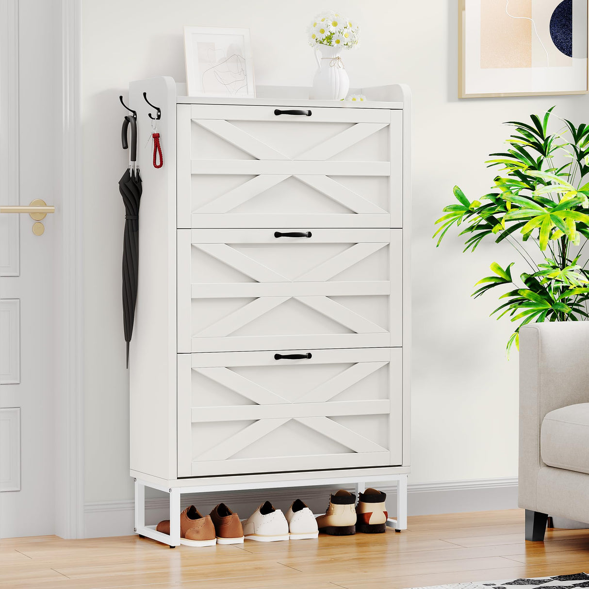 YITAHOME Farmhouse Shoe Storage Cabinet for 24 Pairs with 3 Flip Drawers, Narrow Slim Shoe Rack Cabinet for Hallway, Shoe Organizer for Entryway, Living Room (White) YITAHOME
