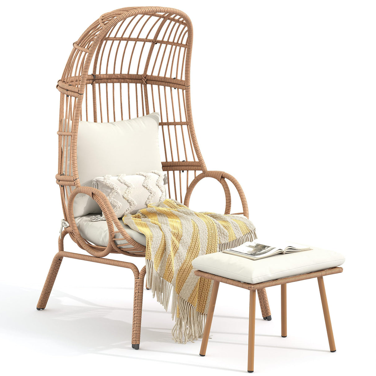 YITAHOME Outdoor Wicker Egg Chair with Ottoman, Indoor Patio Basket Lounge Chair with Footrest, All-Weather Rattan Egg-Shaped Chair with 5 Cushions, Beige YITAHOME