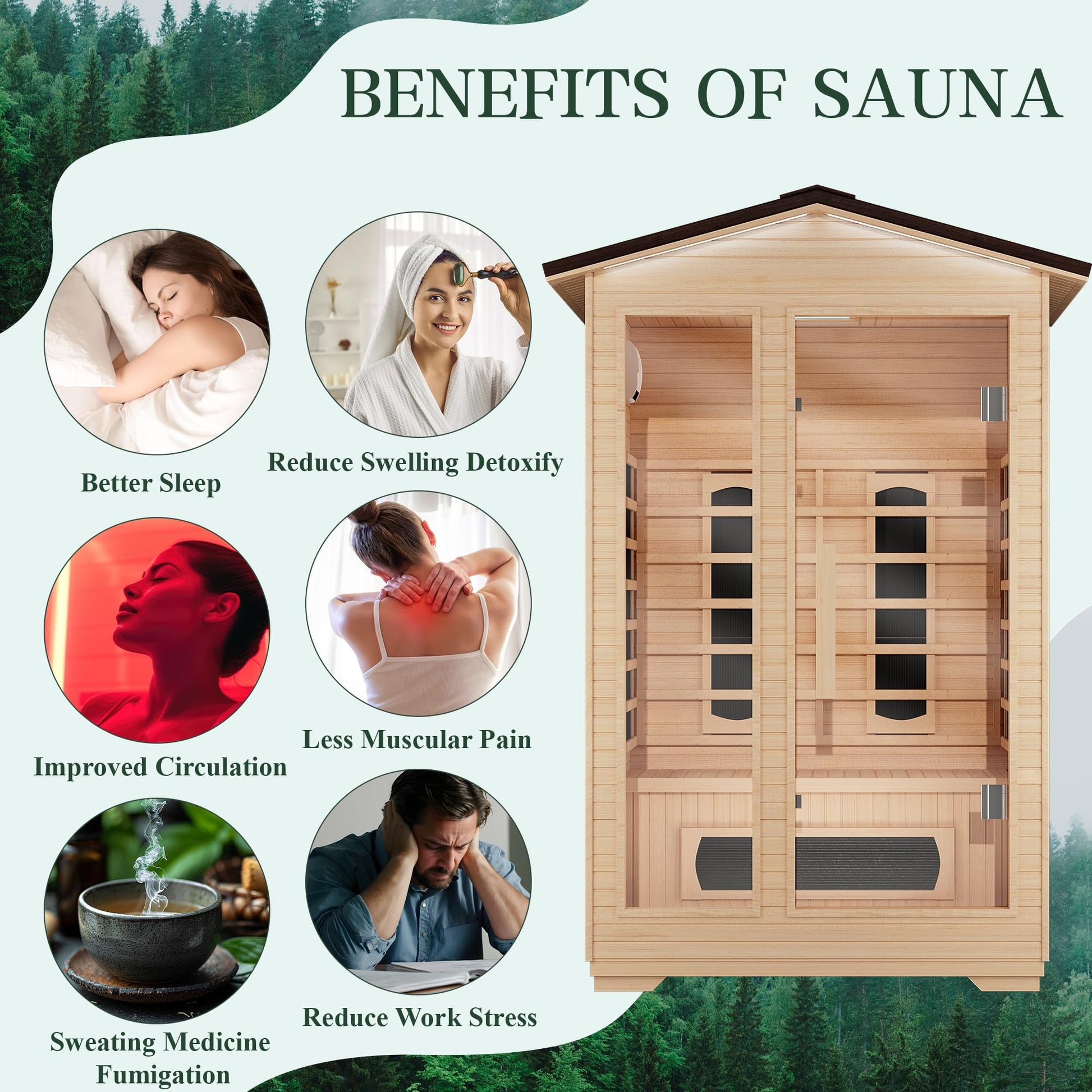 BNEHS Outdoor Sauna 2 Person,Full Spectrum Infrared Sauna,Home Sauna with 10 Minutes Warm Up Heating Tubes & Panels,Personal Wooden Sauna Room with Bluetooth Speaker,2050Watt - WoodArtSupply