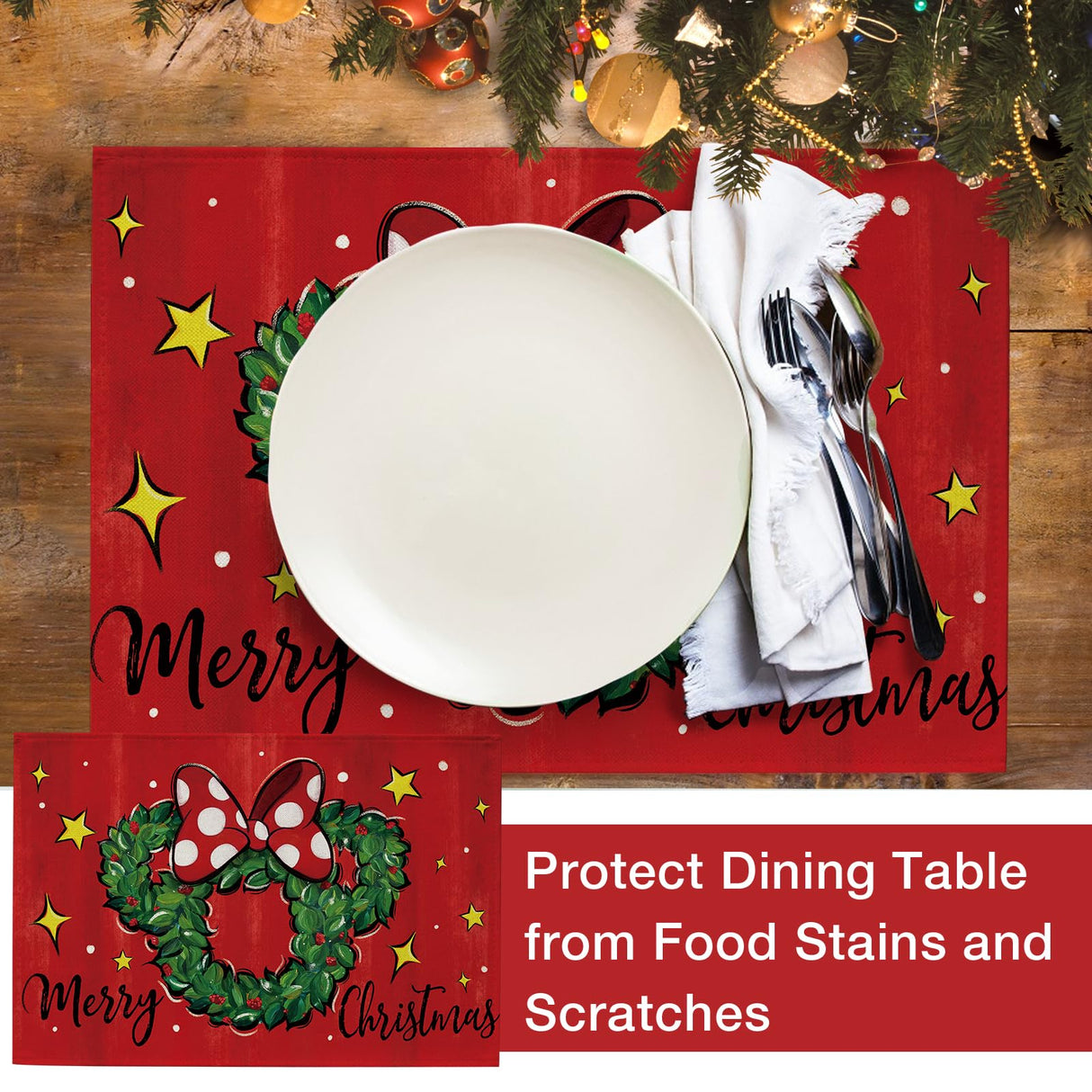 Seliem Merry Christmas Wreath Placemats Set of 4, Xmas Polka Dot Bow Holly Berry Red Dining Table Place Mats, Winter Star Holiday Kitchen Decor Party Home Decoration 12 x 18 Inch Seliem