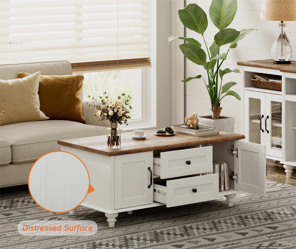 WAMPAT White Coffee Table with Drawers & Storage Cabinet, Modern Rectangle Center Table for Living Room, Rustic Wooden Cocktail Table Tea Table for Home, Office WAMPAT