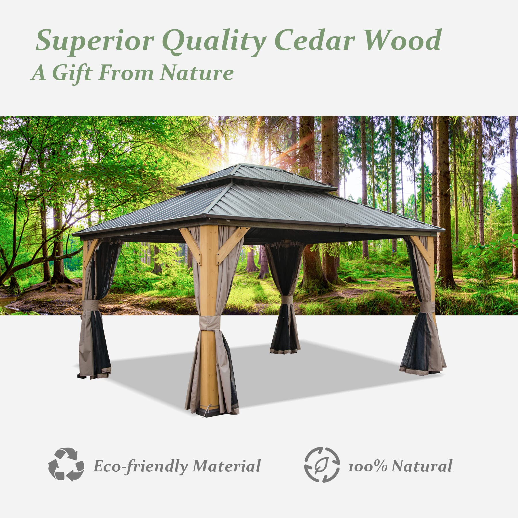 domi outdoor living 12x14 ft Wood Gazebo, Cedar Frame Hardtop Gazebo with Galvanized Steel Double Roof, Netting & Curtains, Patio Pergola Pavilion for Patio, Backyard, Deck, Lawns - WoodArtSupply