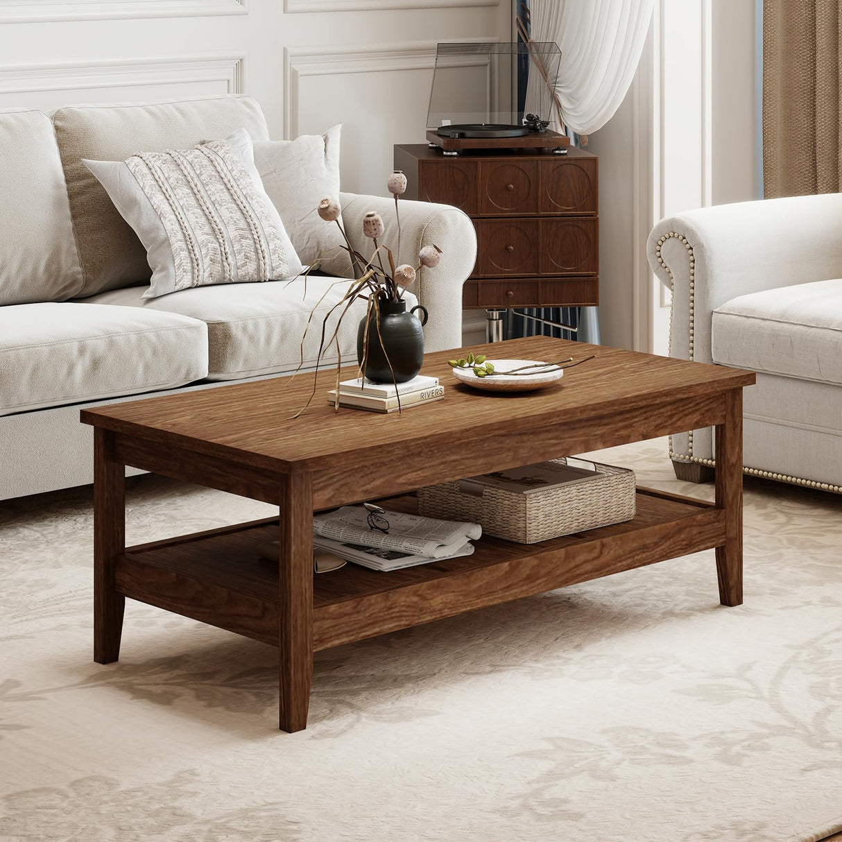 Giantex Mid Century Modern Coffee Table, 2-Tier Rectangle Wood Center Table with Slatted Storage Shelf, Vintage Living Room Table for Reception, Walnut Giantex