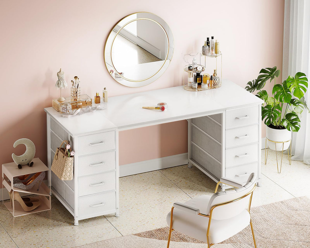 ODK 55 Inch Computer Desk with 8 Fabric Drawers, Modern Office Desk with Large Storage for Home Office, Study, Gaming, White ODK