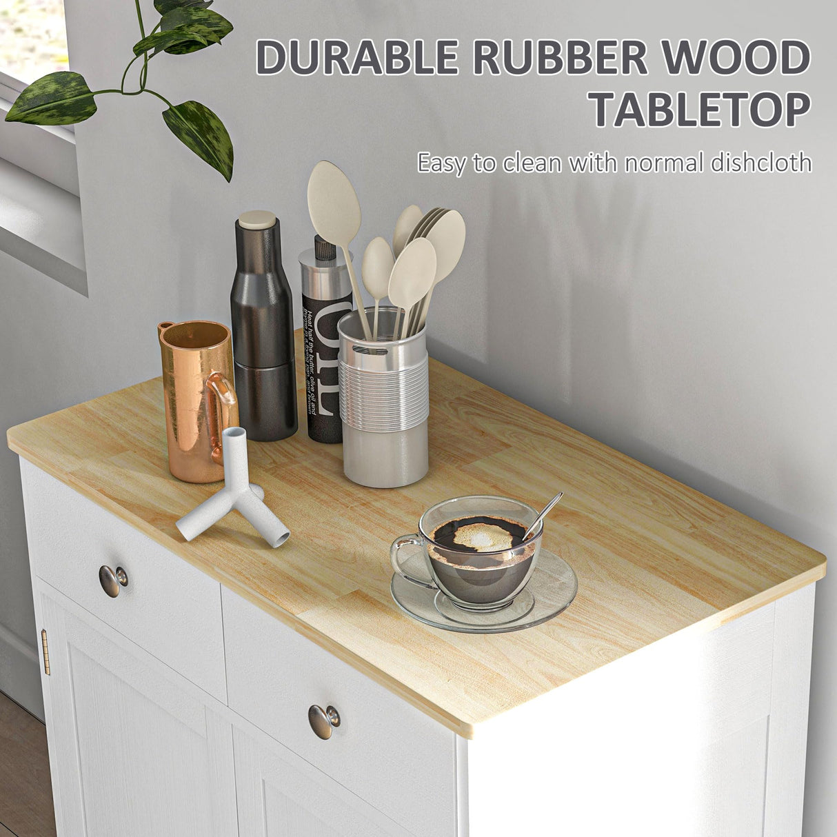 HOMCOM Sideboard with Solid Wood Countertop, Modern Kitchen Storage Cabinet, Coffee Bar Cabinet with 2 Drawers, Doors and Adjustable Shelf, Distressed White HOMCOM