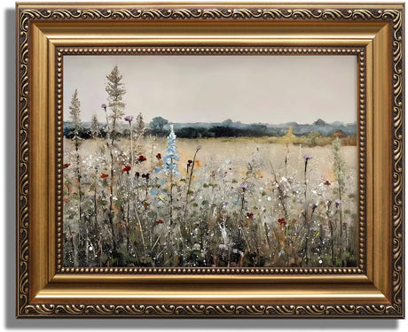 KBKBART Vintage Framed Wall Art for Living Room, French Wildflowers Field Vintage Art Print Posters Farmhouse Decor, Neutral Country Meadow Landscape Wall Art for Room Decor Aesthetic, Gold Framed Vintage Oil Painting Canvas Artwork Botanical Wall Art, 9' KBKBART