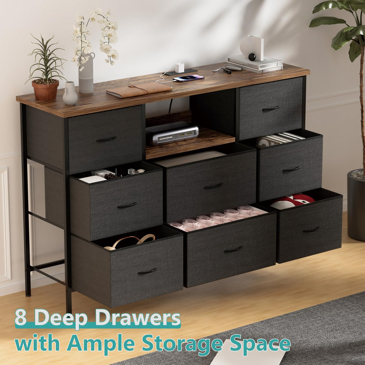 VASICAR Black Dresser with LED Lights & Power Outlets, Dresser TV Stand with 8 Drawers for 55" TV, Fabric Chest of Drawers for Bedroom, Living Room, Entryway VASICAR