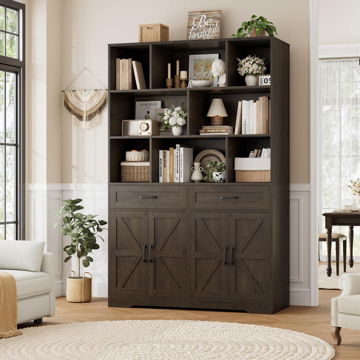 HOSTACK 71" Tall Bookcase with Drawer and Door, 47" Wide Book Shelf and Bookcase with Storage, 6 Tier Large Book Storage Cabinet with 14" Deep Display Shelves for Living Room, Home Office, Dark Brown HOSTACK