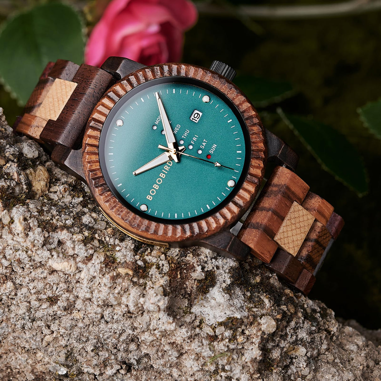 BOBO BIRD Mens Wooden Watch Analog Quartz with Week Display Lightweight Handmade Wood Wrist Watch for Men (Green) BOBO BIRD