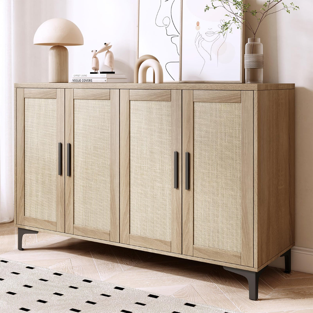 Sideboard Buffet Cabinet with Storage, Rattan Kitchen Storage Cabinet with Doors and Adjustable Shelves, Coffee Bar Cabinet, Entryway Cabinet, Rattan Sideboard Console Table for Dining Room, Natural Jheumaj