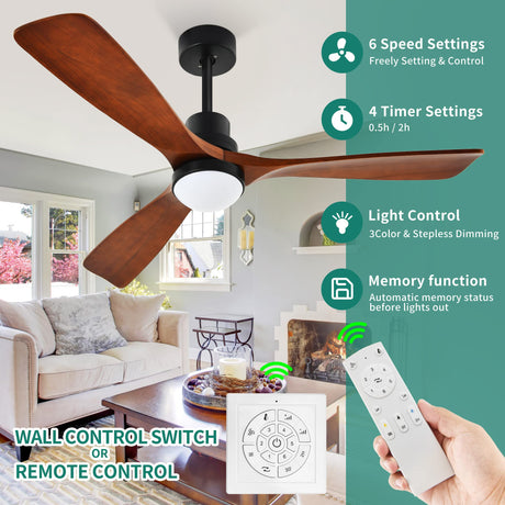 YITAHOME 52" Ceiling Fan with Lights and Wall Switch Remote, Industrial Wood Fan with Quiet Reversible 6 Speeds Motor, Dimmable LED 3 Color, Memory Function for Outdoor Indoor, Black & Walnut YITAHOME