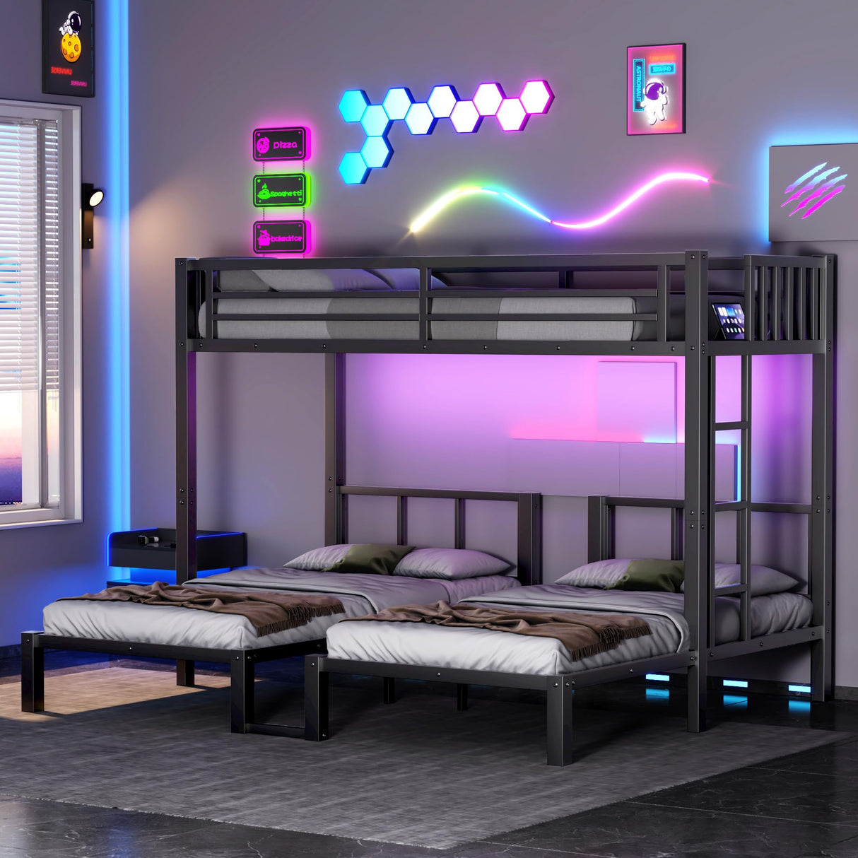 Aurnienofus Triple Bunk Bed Twin XL & Twin Over Twin with LED & Charging Station, Metal Detachable Bunk Bed for 3 Kids, Girls Boys Teens,Bunk Beds with Guardrails and Ladder, Black Aurnienofus