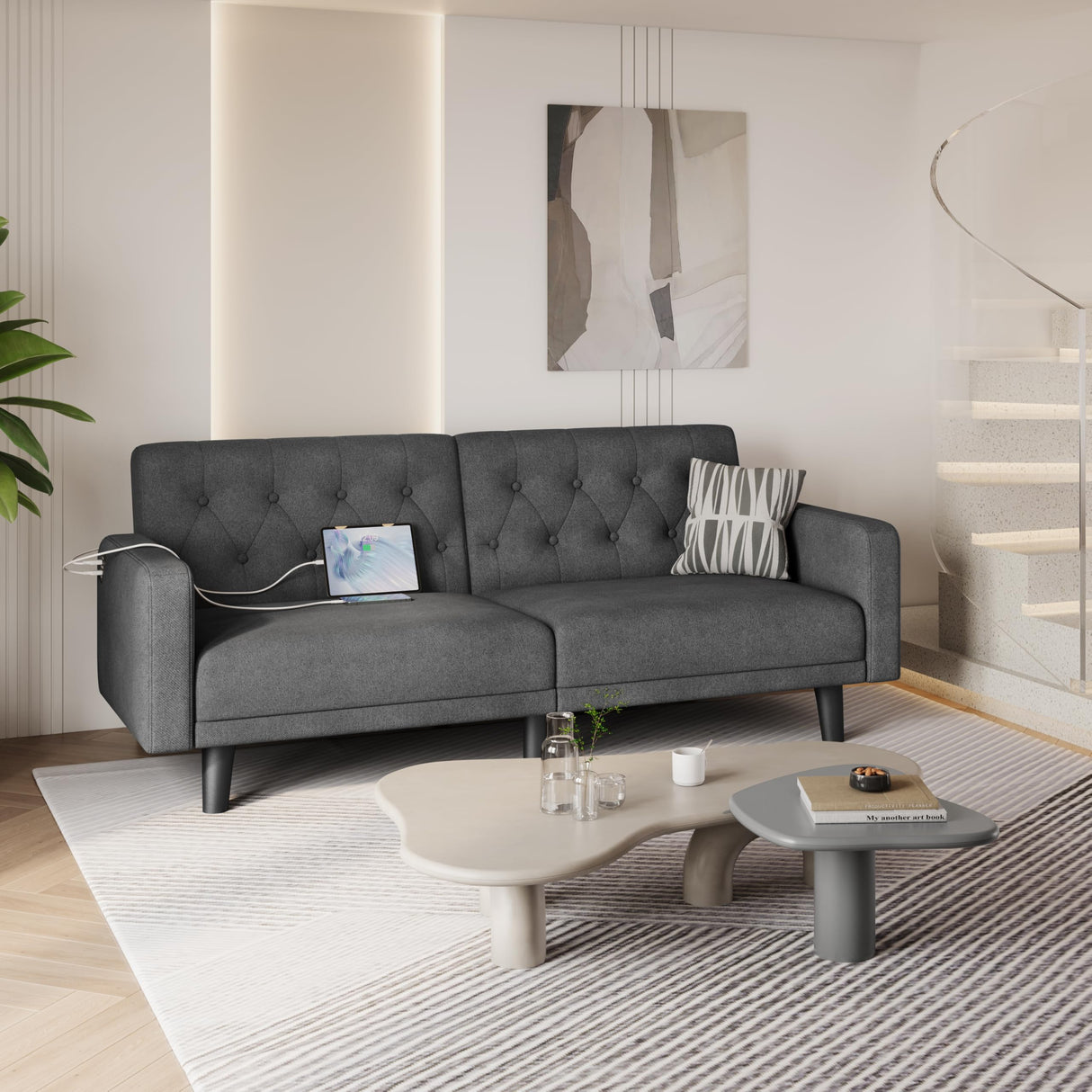 Yaheetech 63" Convertible Couch Small Futon Sofa Bed with 2 USB Ports, Reclining Backrest & Removable Armrests, Mid Century Modern Loveseat for Living Room, Apartment, Office, Dark Gray Yaheetech