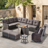 HUMMUH 8 Pieces Outdoor Patio Furniture Set with Fire Pit,L-Shaped Modular Sectional Couches with Swivel Patio Chairs,Wicker Conversation Set for Deck,Backyard,Porch,Garden HUMMUH