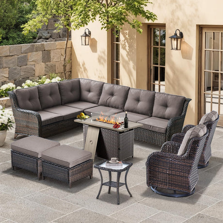 HUMMUH 8 Pieces Outdoor Patio Furniture Set with Fire Pit,L-Shaped Modular Sectional Couches with Swivel Patio Chairs,Wicker Conversation Set for Deck,Backyard,Porch,Garden HUMMUH