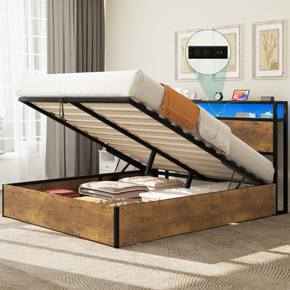 YITAHOME Rustic Brown Queen Lift Storage Bed Frame with LED Lighting and Charging Station