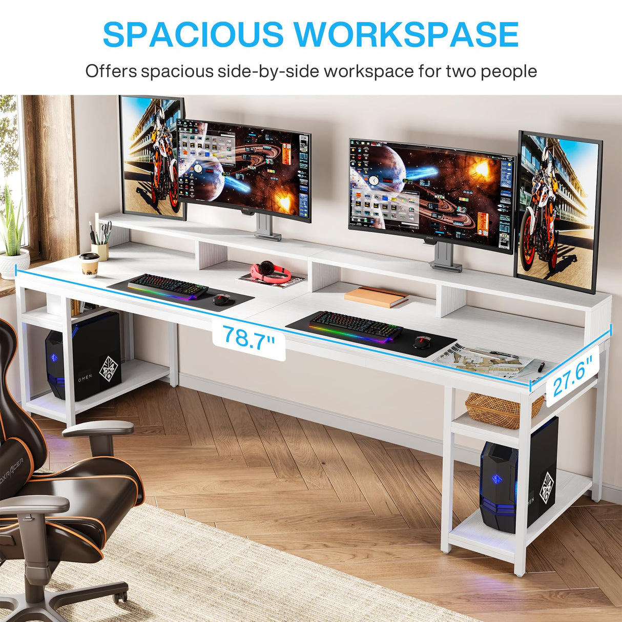 Tribesigns Two Person Desk with Monitor Stand, 78.74" Long Double Computer Office Desk with Storage Shelves, Large Gaming Desk Study Writing Table Workstation for Home Office (White) Tribesigns