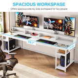 Tribesigns Two Person Desk with Monitor Stand, 78.74" Long Double Computer Office Desk with Storage Shelves, Large Gaming Desk Study Writing Table Workstation for Home Office (White) Tribesigns