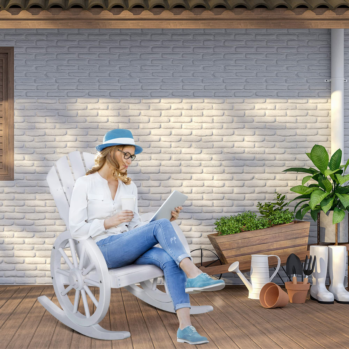 Outsunny White Adirondack Rocking Chair with Wagon Wheel Armrests – Outdoor Comfort for Porch, Garden, and Poolside Outsunny