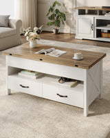 Marsail 40" Lift Top Coffee Table, 4 in 1 Coffee Table with Hidden Compartment, 1 Open Shelf and 2 Drawers, Multifunctional Farmhouse Center Table for Living Room and Home Office, Brown and White Marsail