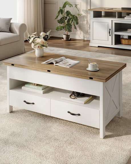 Marsail 40" Lift Top Coffee Table, 4 in 1 Coffee Table with Hidden Compartment, 1 Open Shelf and 2 Drawers, Multifunctional Farmhouse Center Table for Living Room and Home Office, Brown and White Marsail