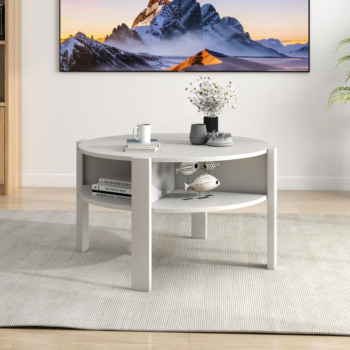 Giantex Round Coffee Table, 2-Tier Mid Century Modern Tea Cocktail Table with Storage Shelves & 4 Side Compartments, Wood Center Table for Living Room, Small Spaces (White) Giantex