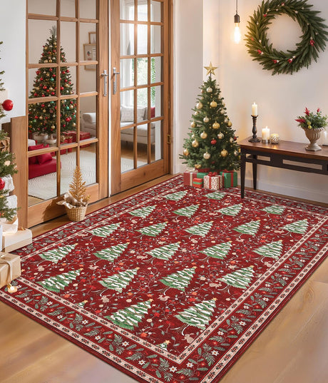 GarveeHome Red Christmas Rug 5x7 Washable Soft Stain Resistant for Living Room Bedroom Nursery Office Christmas Tree Animals Print Holiday Decor Low-Pile Carpet GarveeHome