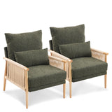 VINGLI Boho Braid Accent Armchairs Set of 2,Mid-Century Modern Chiars with Solid Wooden Armrest,Comfy Louge Cushion Chairs with Waist Pillow for Bedroom,Living Room,Reading Room, Dark Green VINGLI