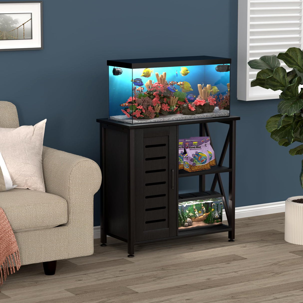 Herture 20-29 Gallon Fish Tank Stand, Aquarium Stand with Cabinet Accessories Storage, Heavy Duty Metal Frame, 31.49" L*15.74" W Tabletop, 330LBS Capacity, Black PG07YGB Herture